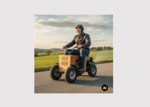 Mann auf einer motorisierten Bierkiste