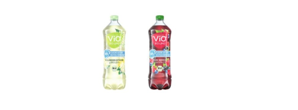 ViO BiO LiMO Dark Berries and ViO BiO LiMO Elderberry-Lemon in bottles made from 100 percent recycled PET
