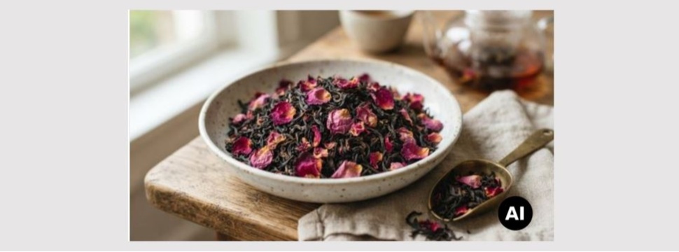 Black tea with rose petals