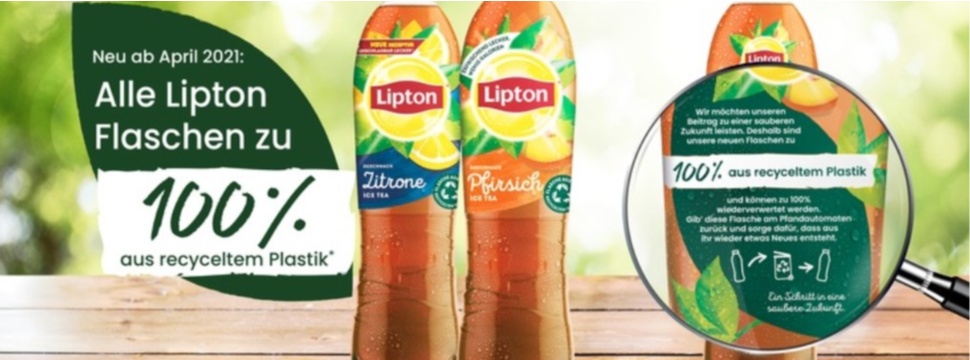 Alle Lipton Flaschen ab April 2021 zu 100 % aus recyceltem Plastik