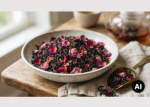 Schwarzer Tee mit Rosenblütenblättern