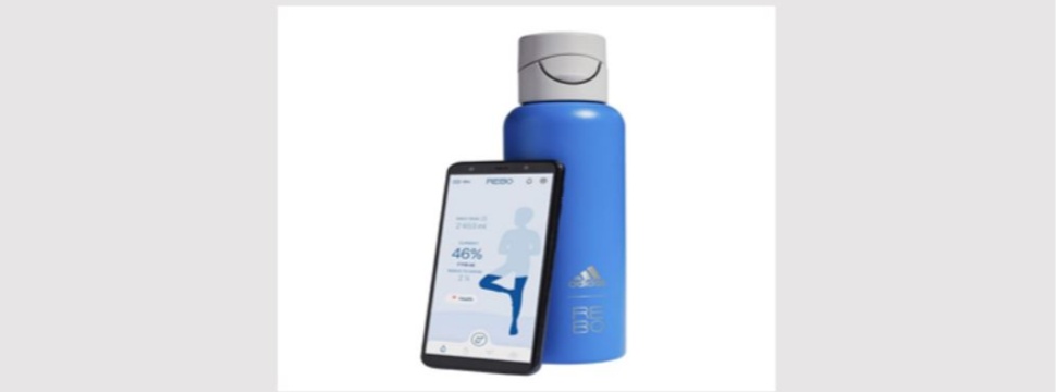 Eine personalisierte Hydrations-App (iOS und Android) synchronisiert sich mit der Smart Cap der REBO-Flasche, um Gesundheitsziele zu verfolgen.