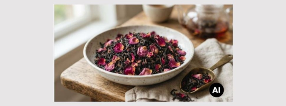 Schwarzer Tee mit Rosenblütenblättern