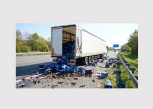 Truck loses beer crates.