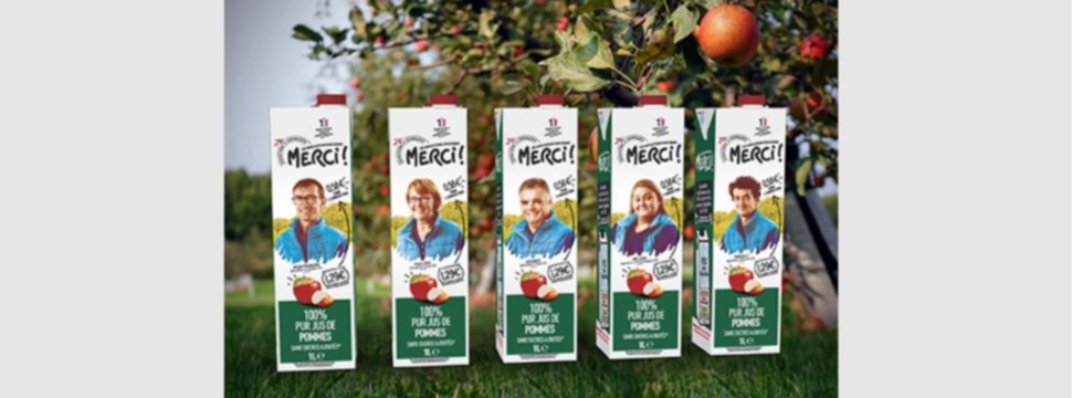 Intermarché, eine der beliebtesten Einzelhandelsketten in Frankreich, hat sich zur Markteinführung des neuen 100%-Apfelsaftes der sozial verantwortlichen Marke Les Éleveurs vous disent MERCI! (Die Landwirte sagen Danke!) für das SIGNATURE-Verpackungsmaterial von SIG entschieden.