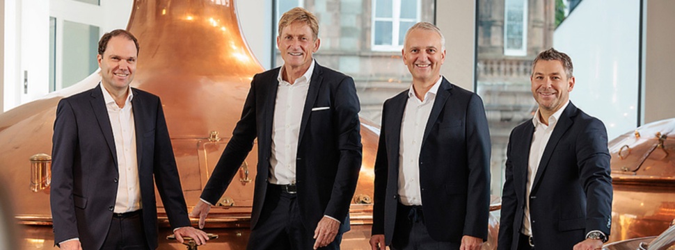 Management of the Bitburger Braugruppe (from left): Dr. Stefan Schmitz (Managing Director of Human Resources and Legal), Jan Niewodniczanski (Managing Director of Technology and Environment), Markus Spanier (Managing Director of Finance, IT and Purchasing), Sebastian Holtz (Managing Director of Sales and Marketing)